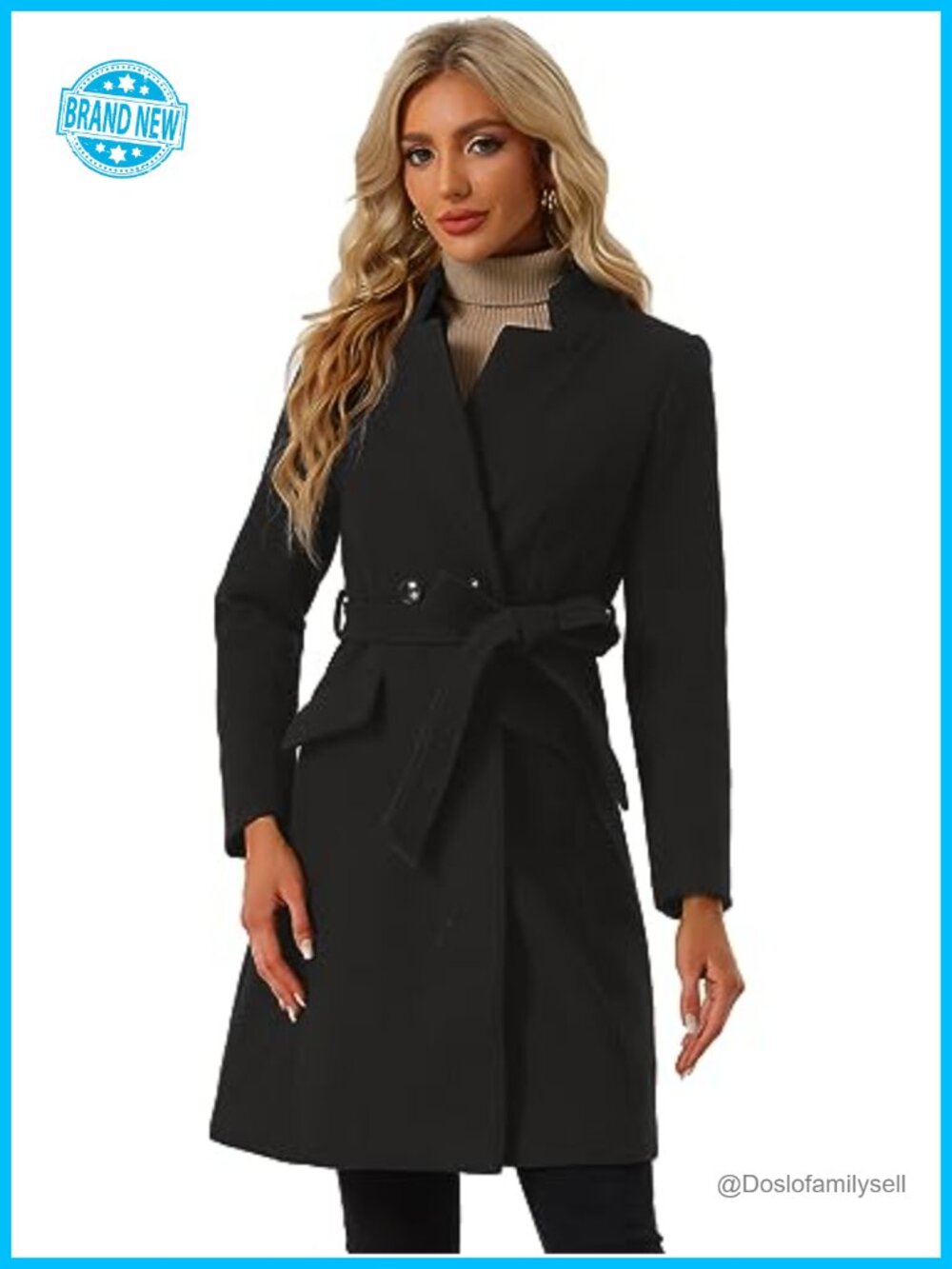 Winter Pea Coat Belted Trench Stand Collar Knee Length